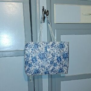 Betsey Johnson Blue and White Floral Chain-Handle Tote